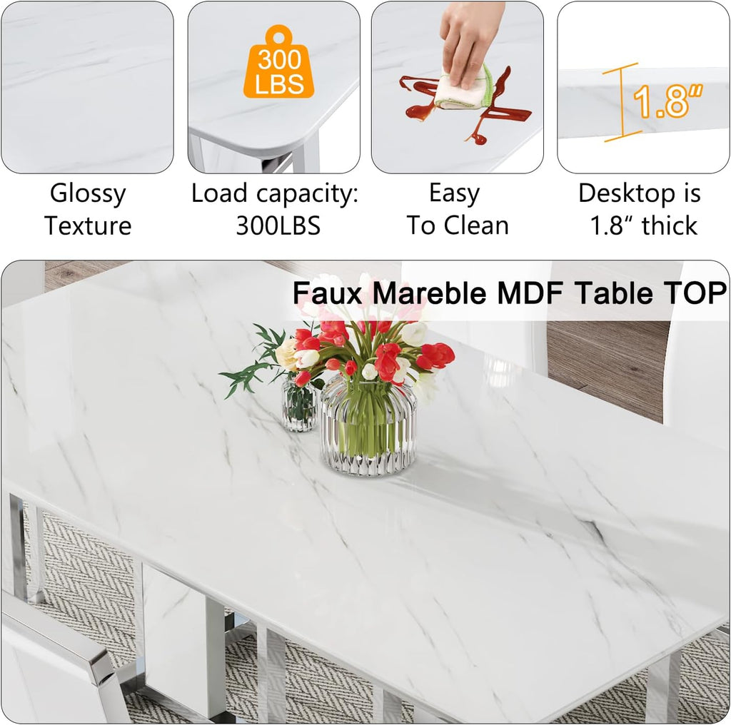 67 Inch Faux Marble Dining Table, White Rectangular Kitchen Dining Table, 1.8 Inch Thick Mid Century Modern Dining