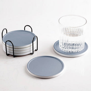 Set of 6 Dusty Blue Coasters with Holder, Absorbent Ceramic Drink Coasters with Cork Backing for Table Protection