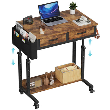 Small Portable Standing Rolling Desk - 32 Inch Adjustable Mobile Stand Up Teacher Desks with 2 Fabric Drawers on