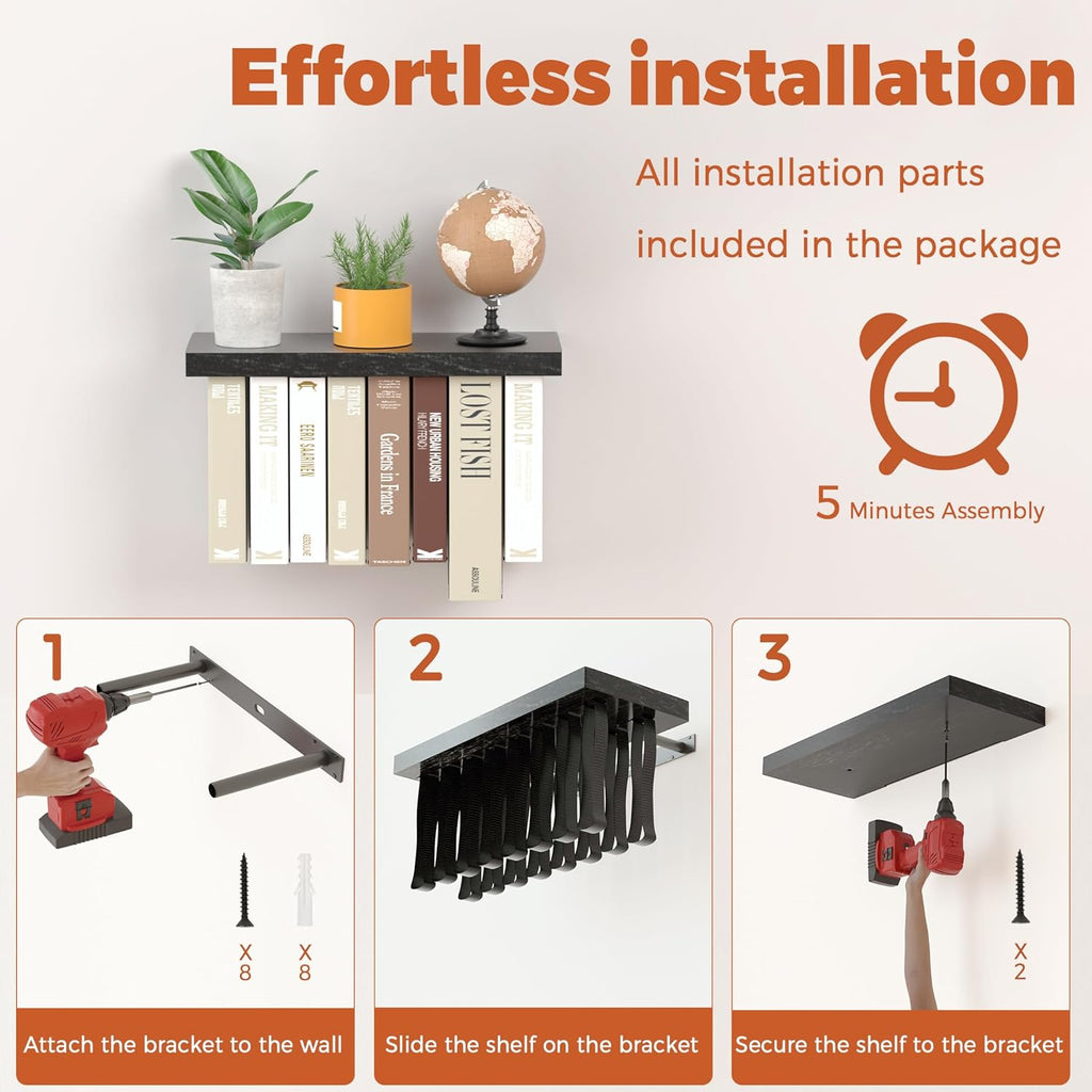 Floating Book Shelves for Wall Set of 2, Unique Wood Hanging Bookshelf | Easy Install Wall Bookshelf with Anti-Tilt