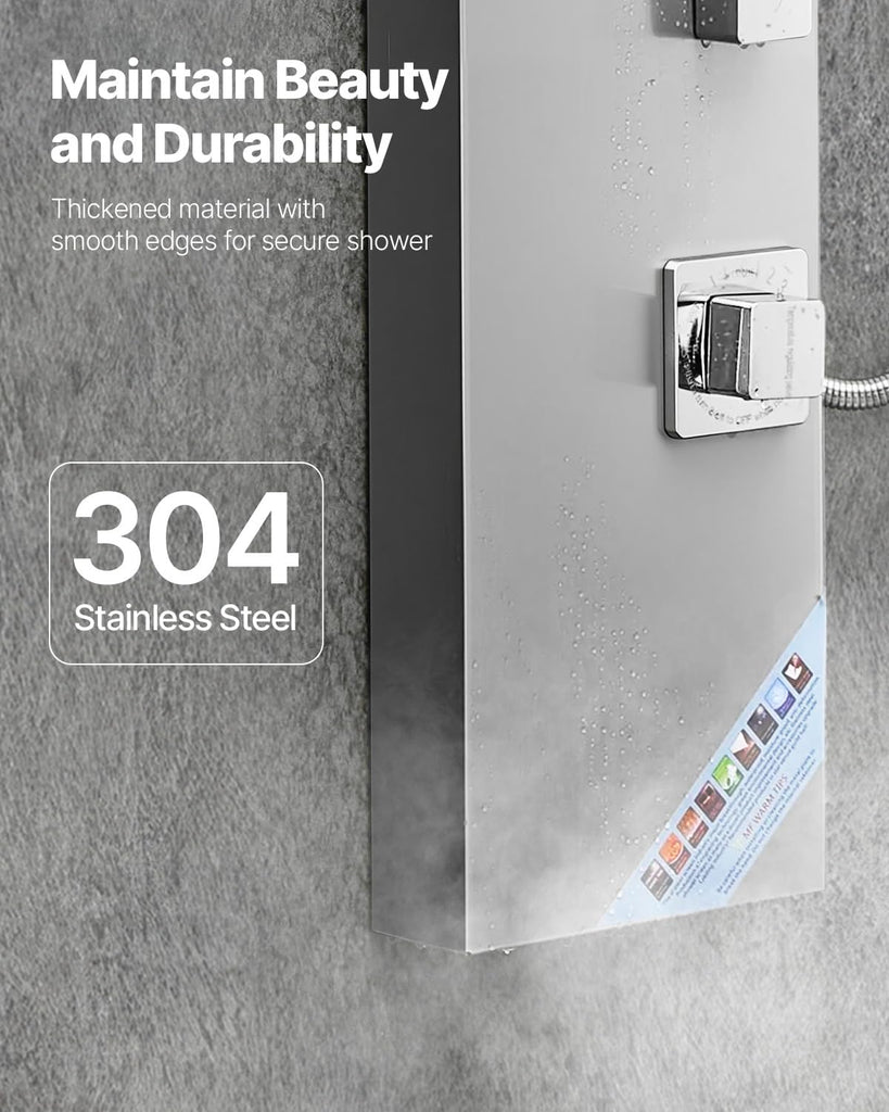 Shower Panel Tower System with Rainfall Shower Head, 53 in Brushed Stainless Steel Shower Column, 3-Function Faucet
