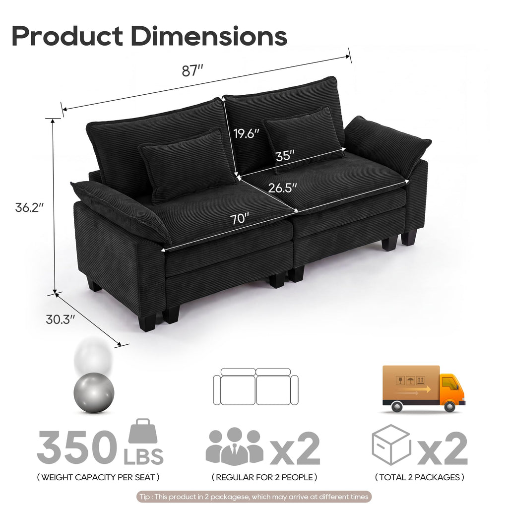Oversized Modular Sectional Sofa, Solid Black:87" I Shaped