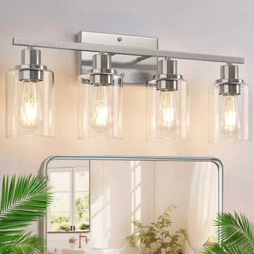 4-Light Bathroom Light Fixtures, Brushed Nickel Modern Vanity Lights with Clear Glass Shades, Bathroom Wall Lamp for