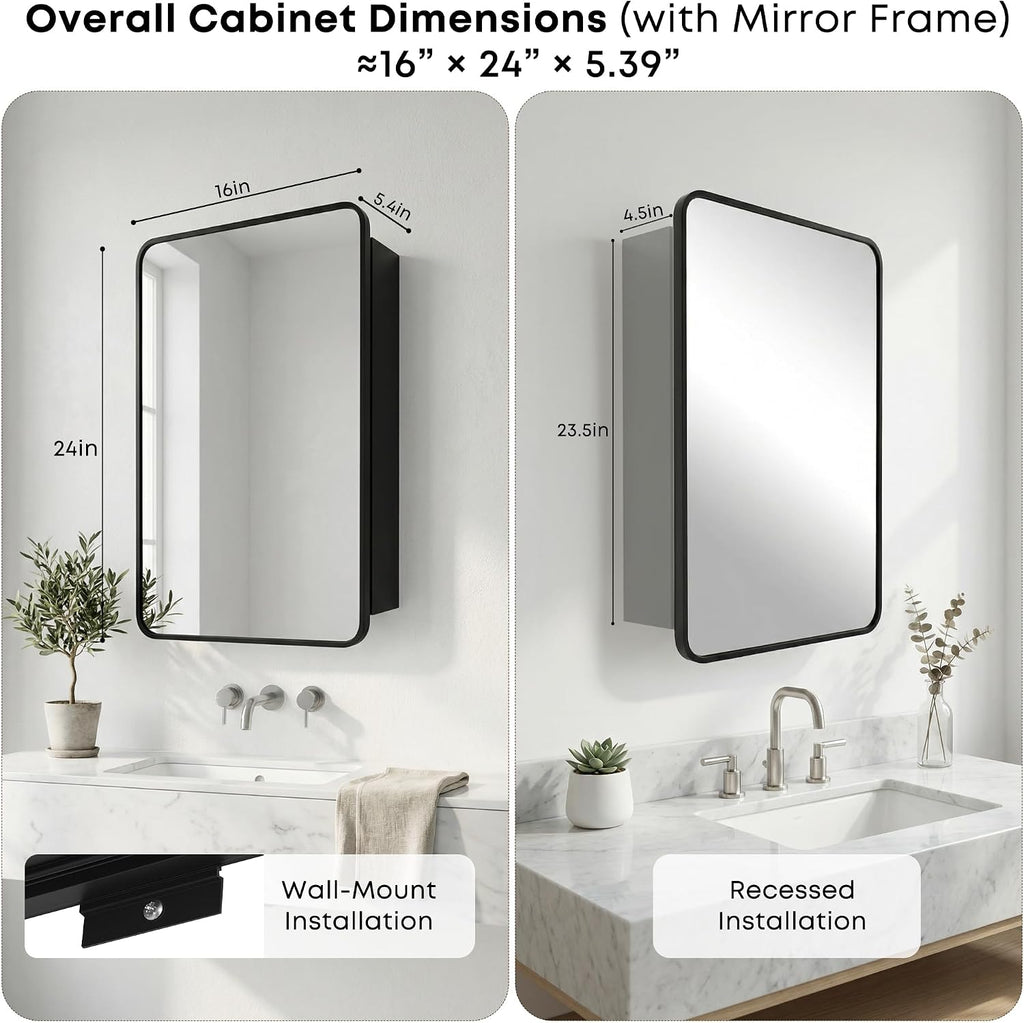 24x16 Inch Medicine Cabinet with Mirror - Recessed or Surface Mount Wall Cabinet, Aluminum Frame with Tempered Glass