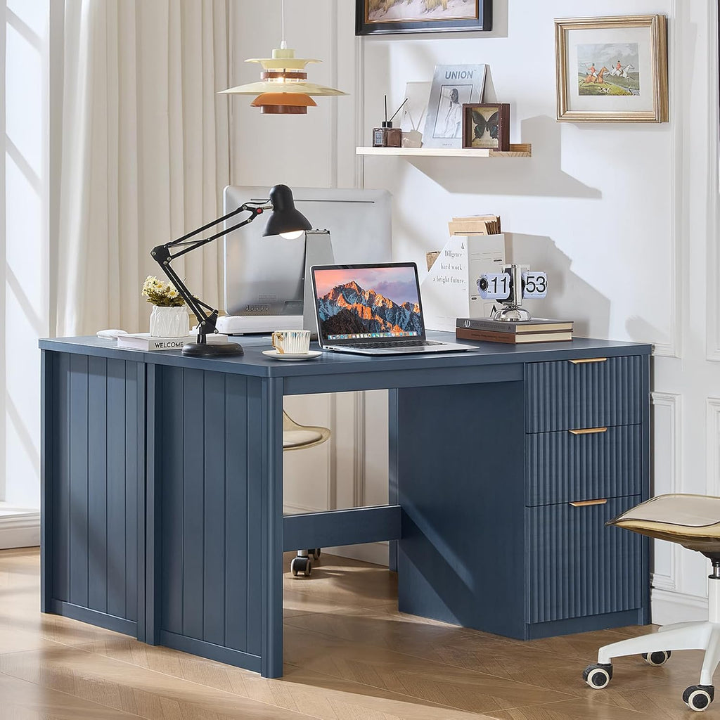 Office Desk 48" with 3 Drawers Storage File Cabinet Wood Fluted Desk for Computer Office Bedroom Home Furniture Blue