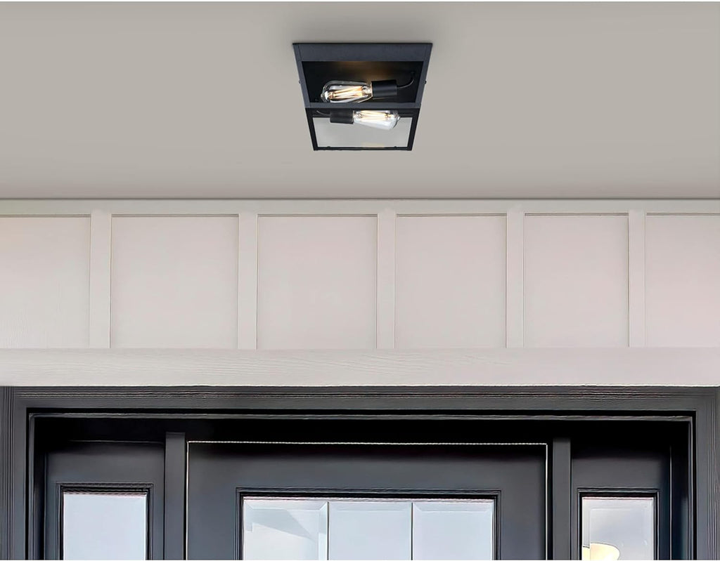 Peterson Transitional Two Light Flush Ceiling Fixture, Textured Black Finish, Clear Glass