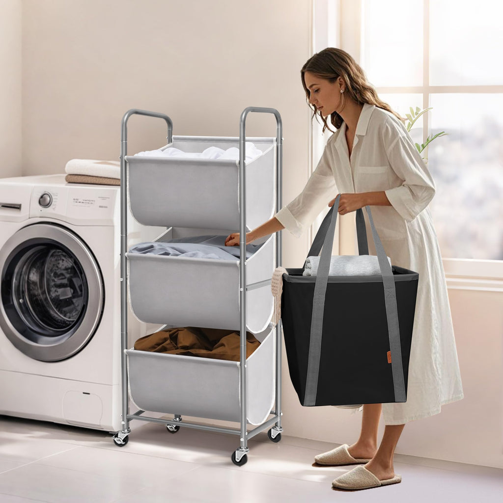 Vertical Rolling Laundry Hamper, 3 Section Laundry Sorter