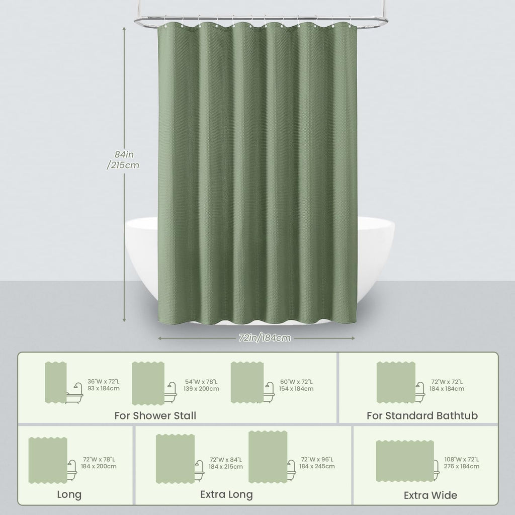 Fabric Shower Curtain, Waffle Weave 230 GSM Polyester, Weighted Hem, Metal Hooks Included, Water Repellent Washable