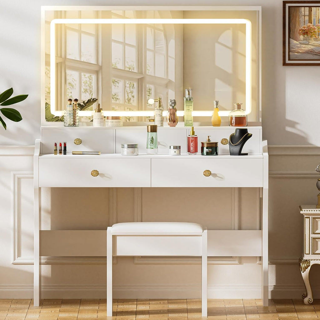 Makeup Vanity Desk with Mirror and Lights, Vanity Table and Chair Set with 5 Drawers & Charging Station, Bedroom