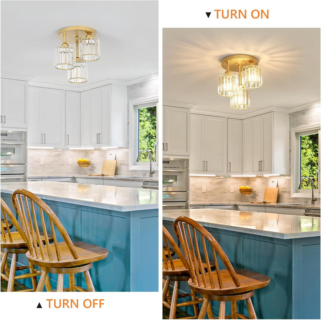 Modern Semi Flush Mount Ceiling Light,3-Light Golden Crystal Close to Ceiling Light Fixtures,Kitchen Light Fixtures