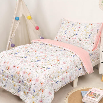 Toddler Bedding Set for Girls, 4 Piece Floral Toddler Comforter Set, Ultra Soft Baby Girl Crib Bed Bedding Includes