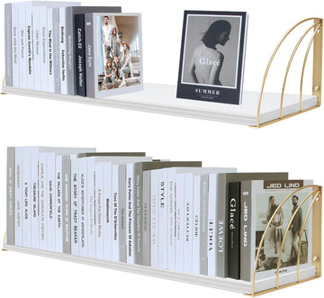 Gold White Shelves Pine Wood 23.5×7.87 Inch Book Shelf for Wall with Elegant Lines,Gold Floating Shelves,Floating