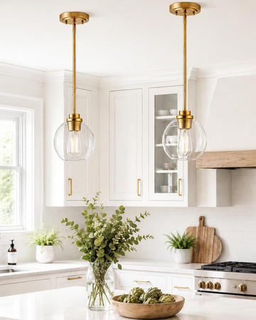Brass Pendant Lights Kitchen Island 2 Pack, Farmhouse Gold Pendant Light with Clear Glass Globe Shade, Kitchen Island