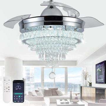42" Modern Crystal Chandelier Ceiling Fan with Light & Remote,Dimmable LED Fandelier ,3 Color Temperatures,6 Speeds