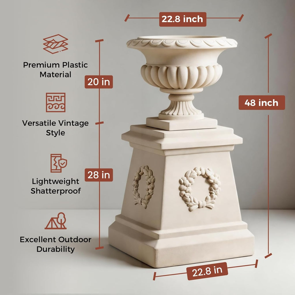 20" H Large Plastic Roman Urn Planter with 28" Tall Decorative Pedestal | Faux Sandstone/Marble Finish