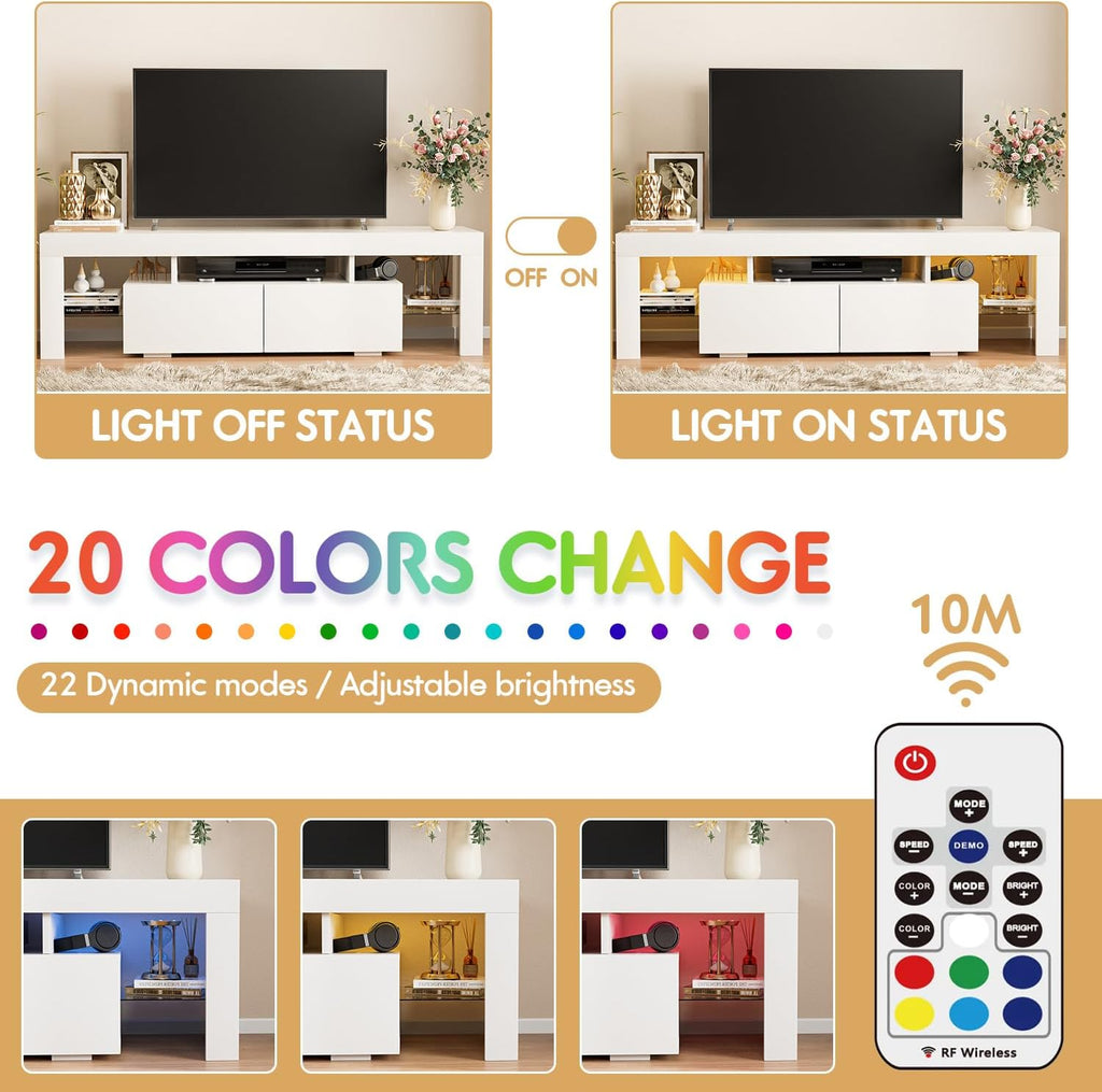 TV Stand with LED Lights, Modern Entertainment Center Media and Open Shelf Console Table Storage Desk with 1 Drawer