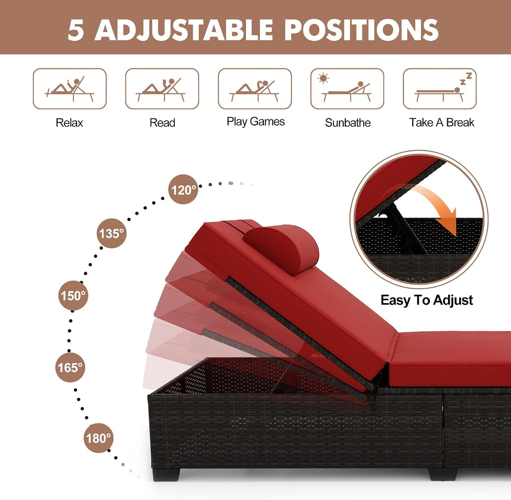 2Piece Outdoor PE Wicker Chaise Lounge Chairs, Pool Lounge Chairs Adjustable Backrest Recliners