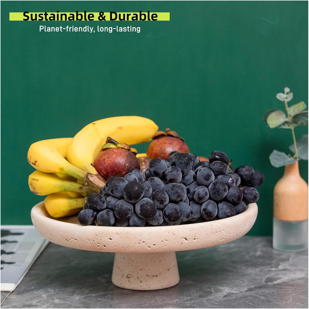 Natural Travertine Fruit Bowl Counter 10.2",Large Decorative Bowl & Travertine Bowl Pedestal Counter & Dining Table