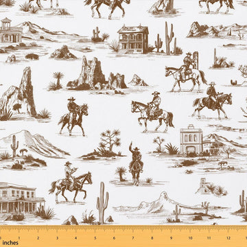 American Wild Fabric By The Yard, Western Cowboys Cowgirls Upholstery Fabric, Yellow Hand Drawn Material Fabric By