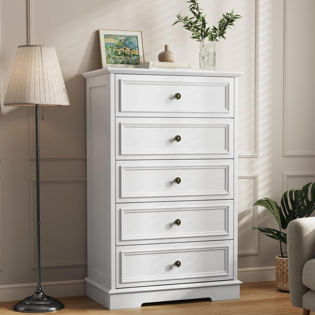 White Dresser , 44" Tall 5 Drawer Dresser, Wooden Chest of Drawers with Large Storage, Vertical Dressers for Closet