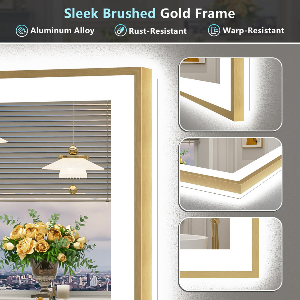 28x32 Gold LED Bathroom Mirror with Lights, Lighted Vanity Mirror