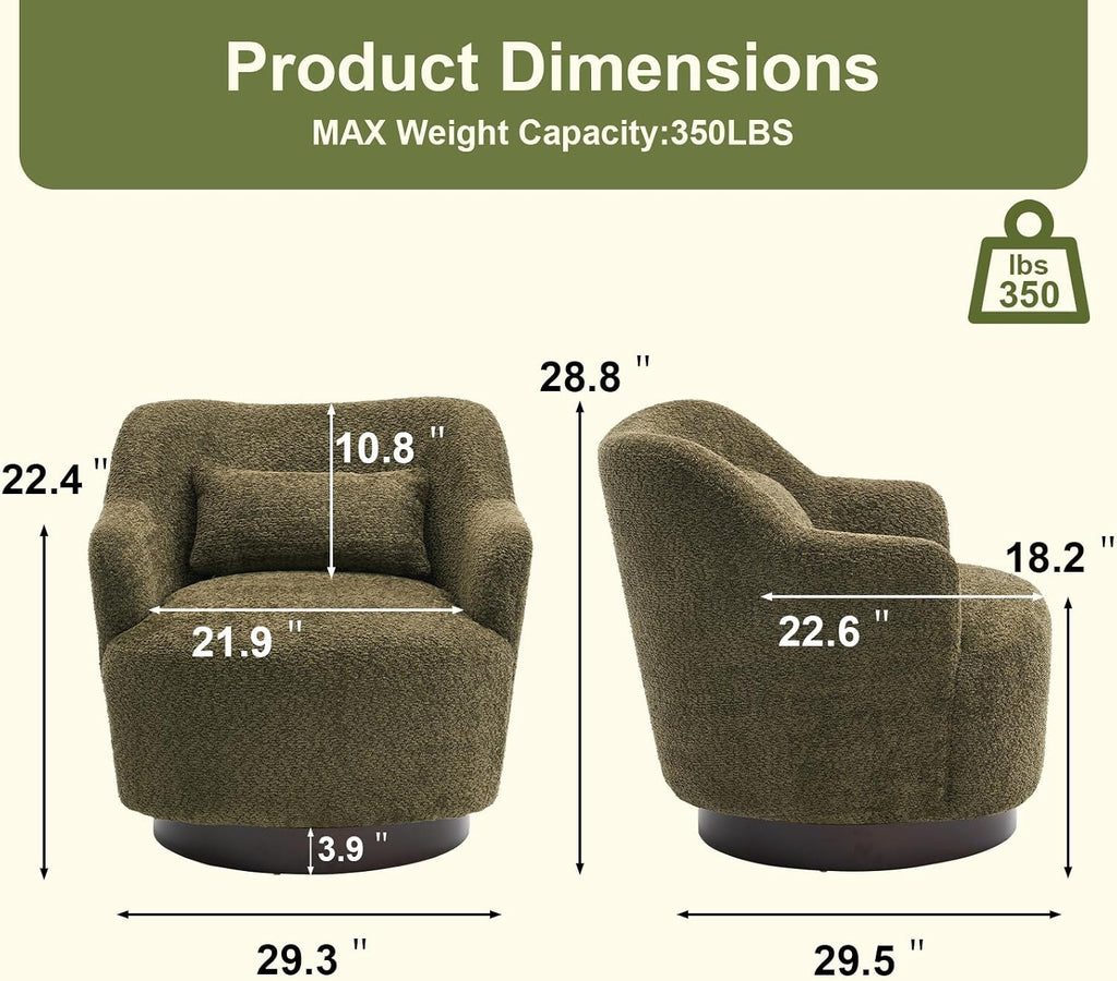 Swivel Accent Chair with Pillow, Solid Wood Base, Olive Green | 360°Swivel Accent Chair, Swivel Barrel Chair, Modern