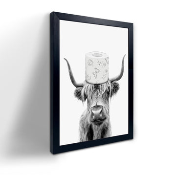 Toilet Paper On Head, Black Framed Funny Animal Prints, Vintage Black and White Rustic Style Cute Bathroom Cow Canvas