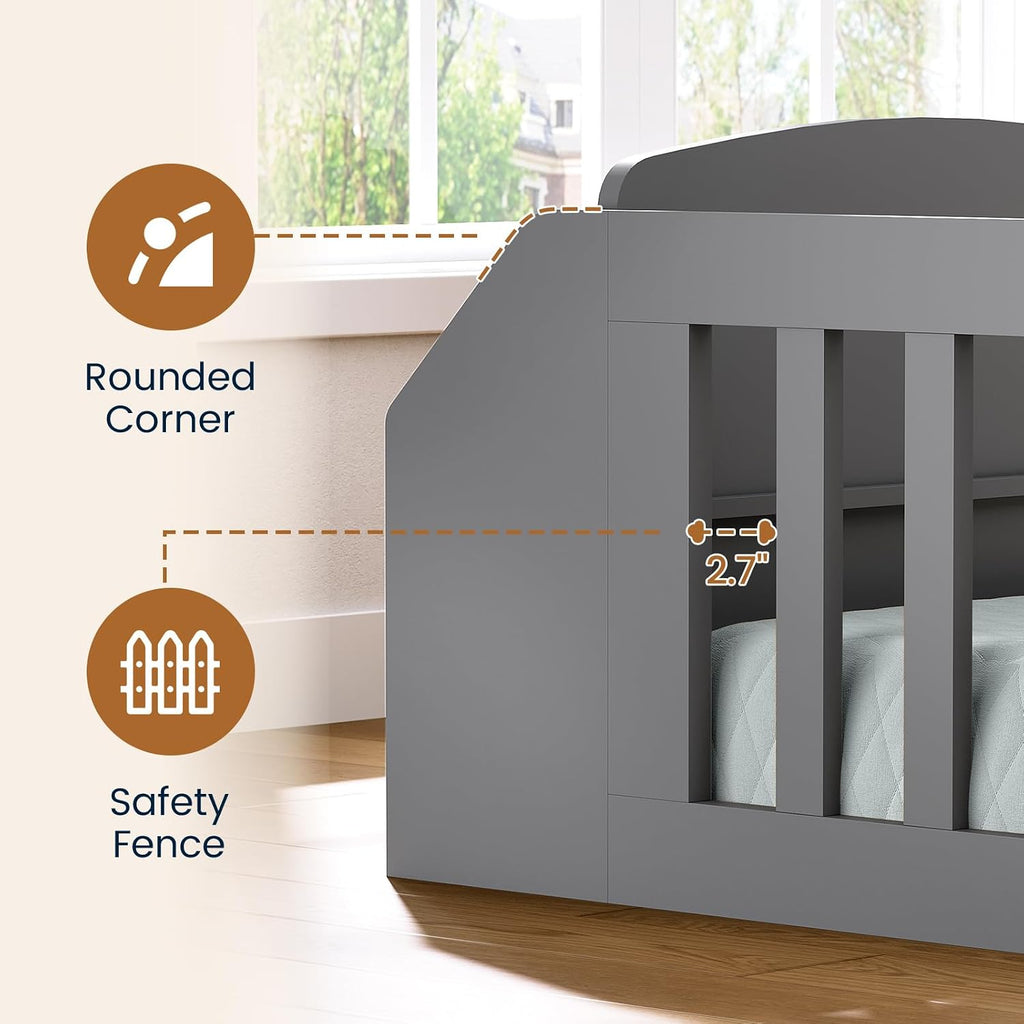Full Size Floor Wooden Montessori Bed Frame for Kids,Grey | 4 Fabric Drawers, Both Sides Bookshelves, 2-Tier Side