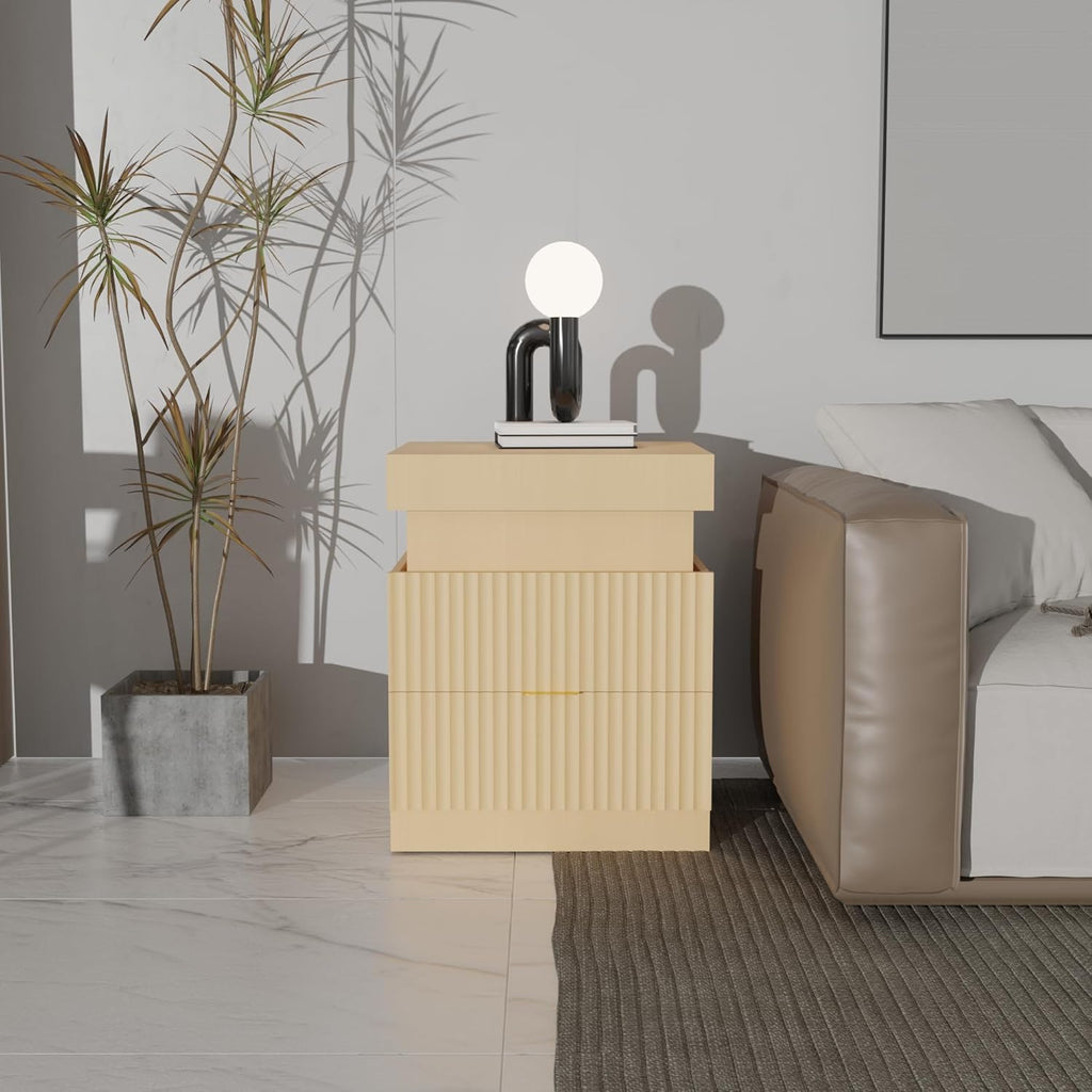 Wooden Nightstand with Charging Station & LED Lights, Modern Fluted Bedside Table with Sliding Top & Drawers