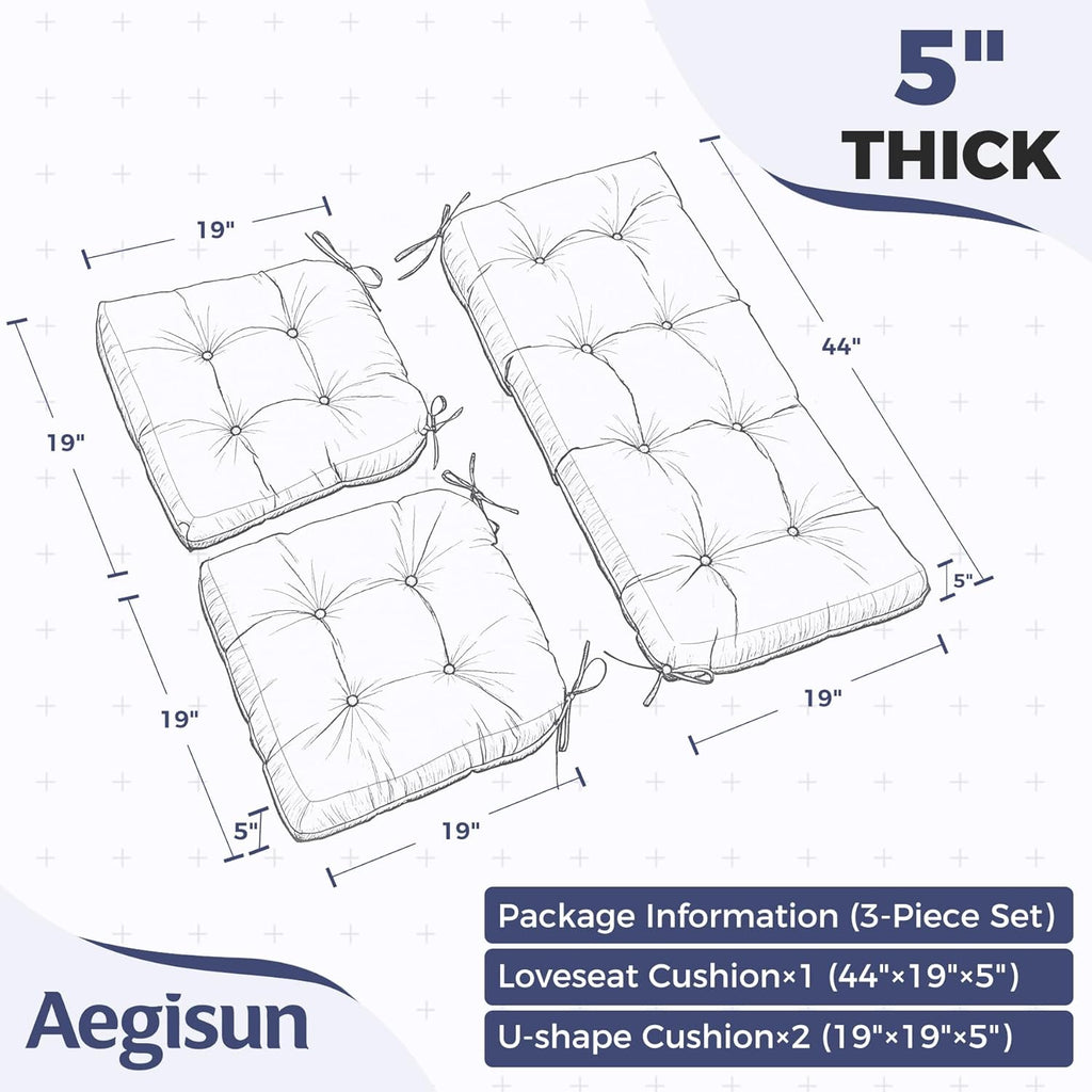 Wicker Chair Cushions of 3 Pieces, Waterproof Cushions for Patio Furniture, Tufted Wicker Outdoor Furniture Cushions - Set of 3