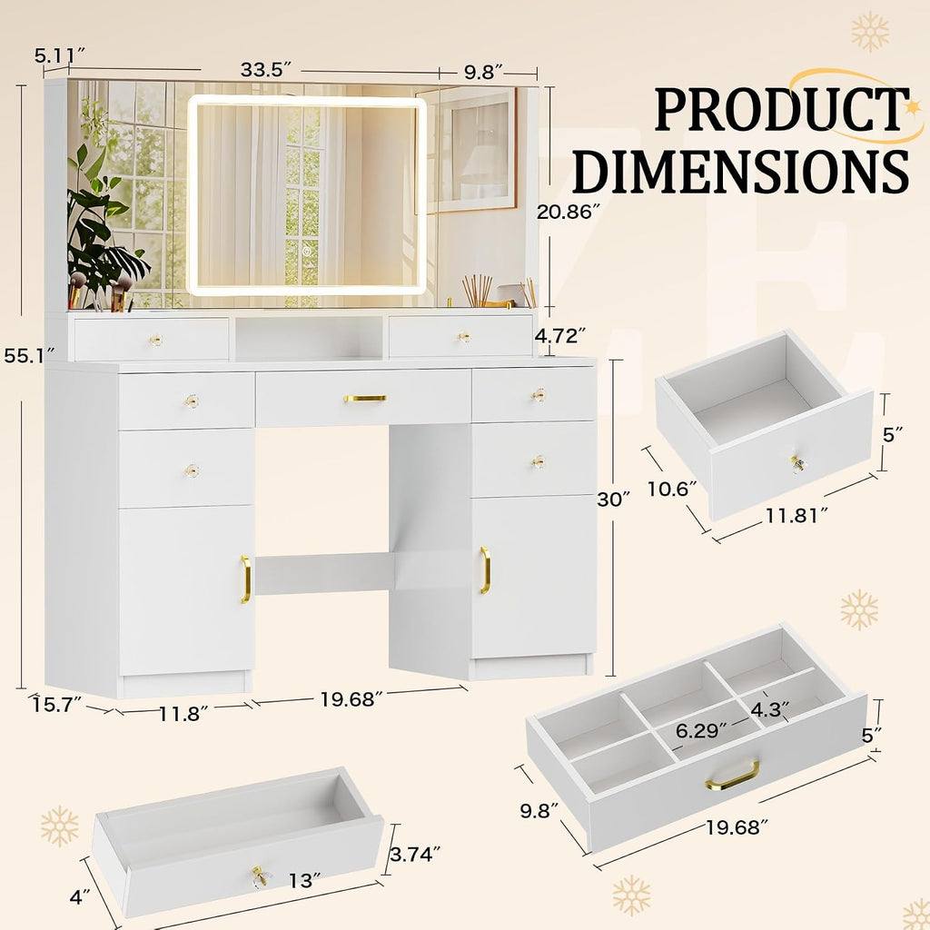 Vanity Desk with 3 Way Mirror and Lights, Large Makeup Vanity Table Set with Charging Station, 3 Lighting Modes &