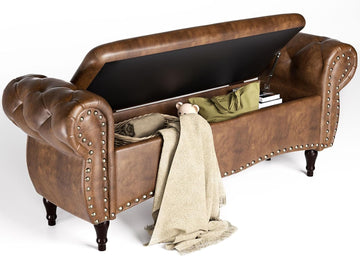 Storage Ottoman Bench, 51" Length Upholstered End of Bed Storage Bench with Safety Hinge, Tufted Bed Benches with