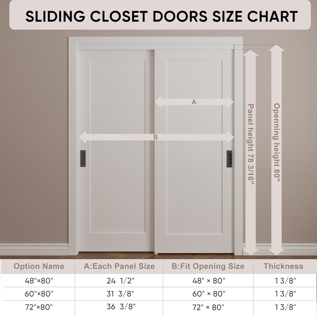 72x80 in 1-Panel Sliding Closet Door, White Primed Bypass Interior Door with Top Track & Floor Guide