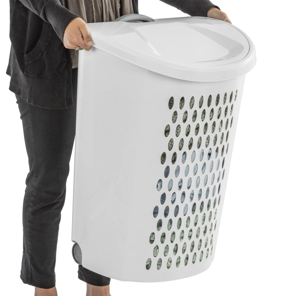 The White Wheeled Plastic Laundry Hamper - Adult-Sized Rolling Basket With Handles