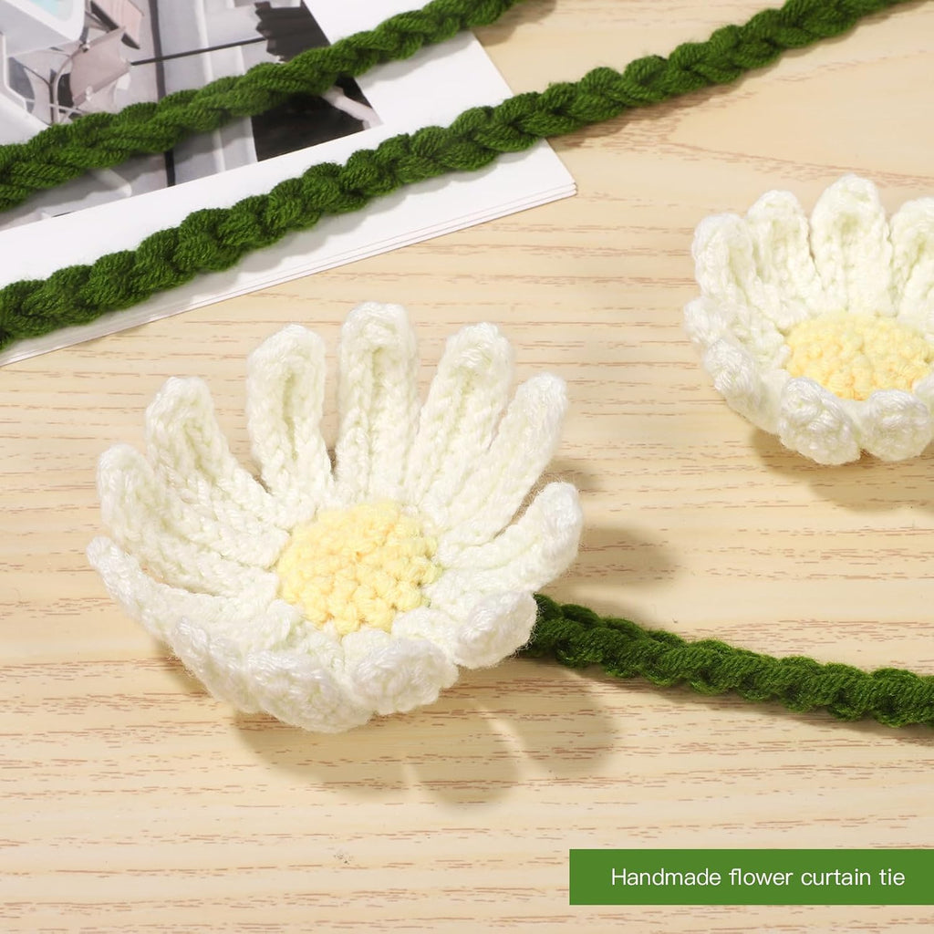 2 Pack Boho Handmade Flower Curtain Tiebacks & Holdbacks - No Drill Cotton Rope Curtain Ties, Drapery Holdback