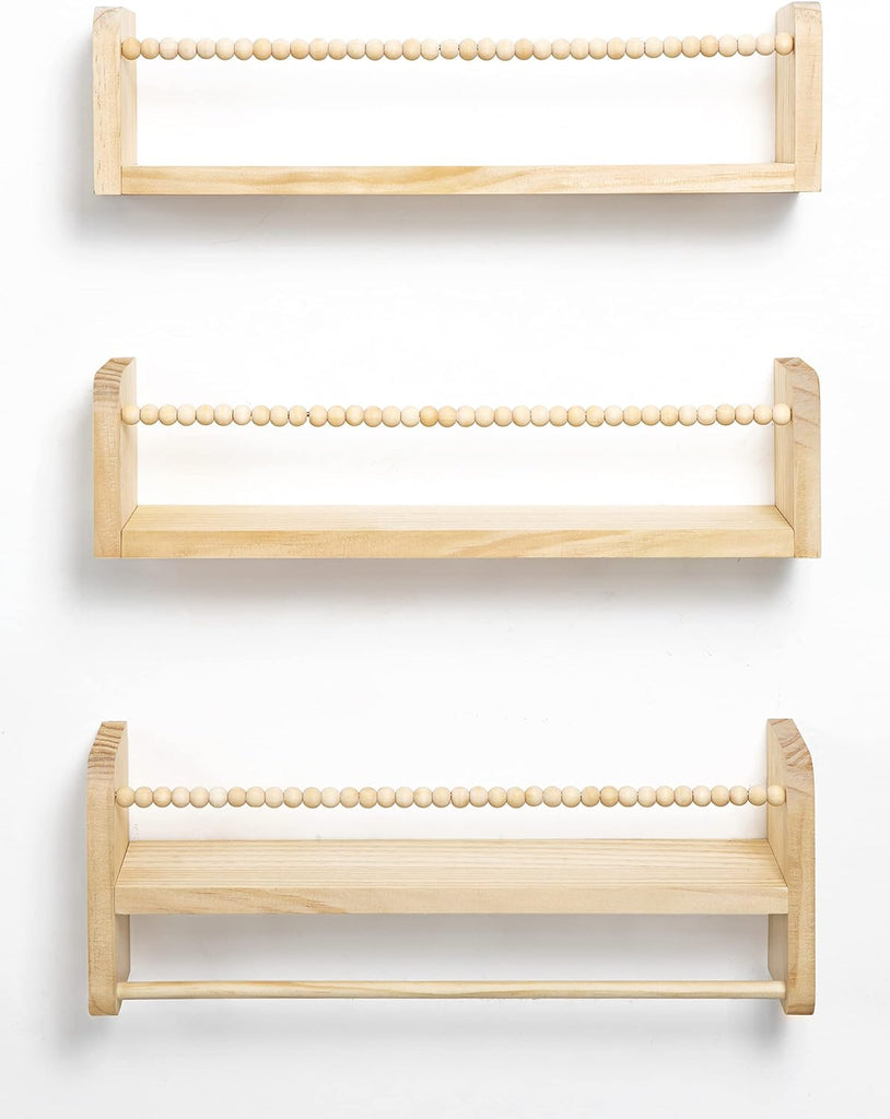 Nursery Shelves for Wall Set of 3, Natural Wood Floating Shelves | Kids Bookshelf with Towel Bar, Wall Mounted