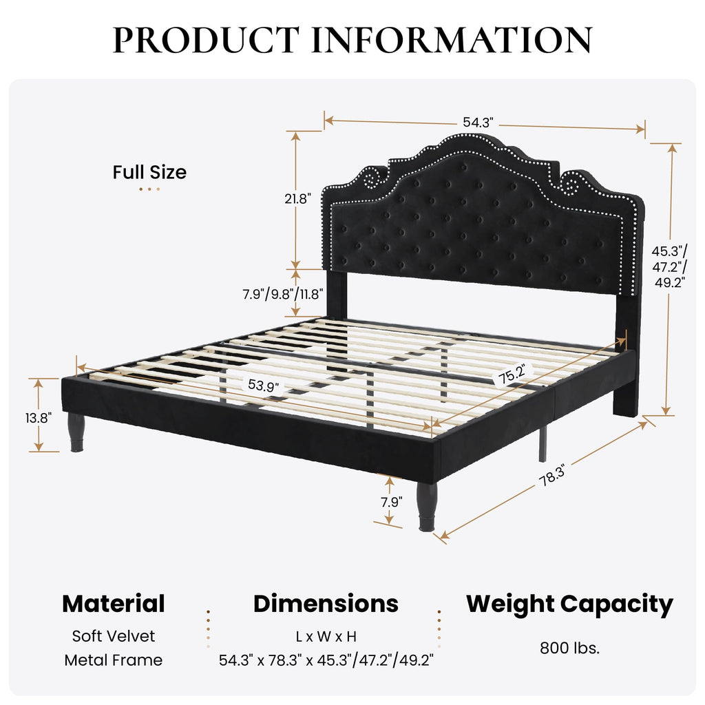Full Size Bed Frame with Adjustable Headboard/Velvet Upholstered/Diamond Button Tufted and Metal Studs/No Box Spring