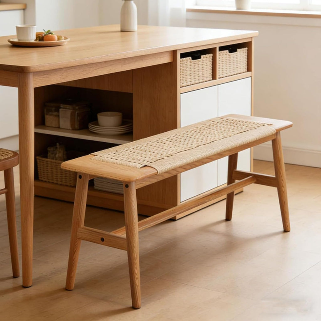 47 Inch Dining Bench, Solid Oak with Rattan Seat