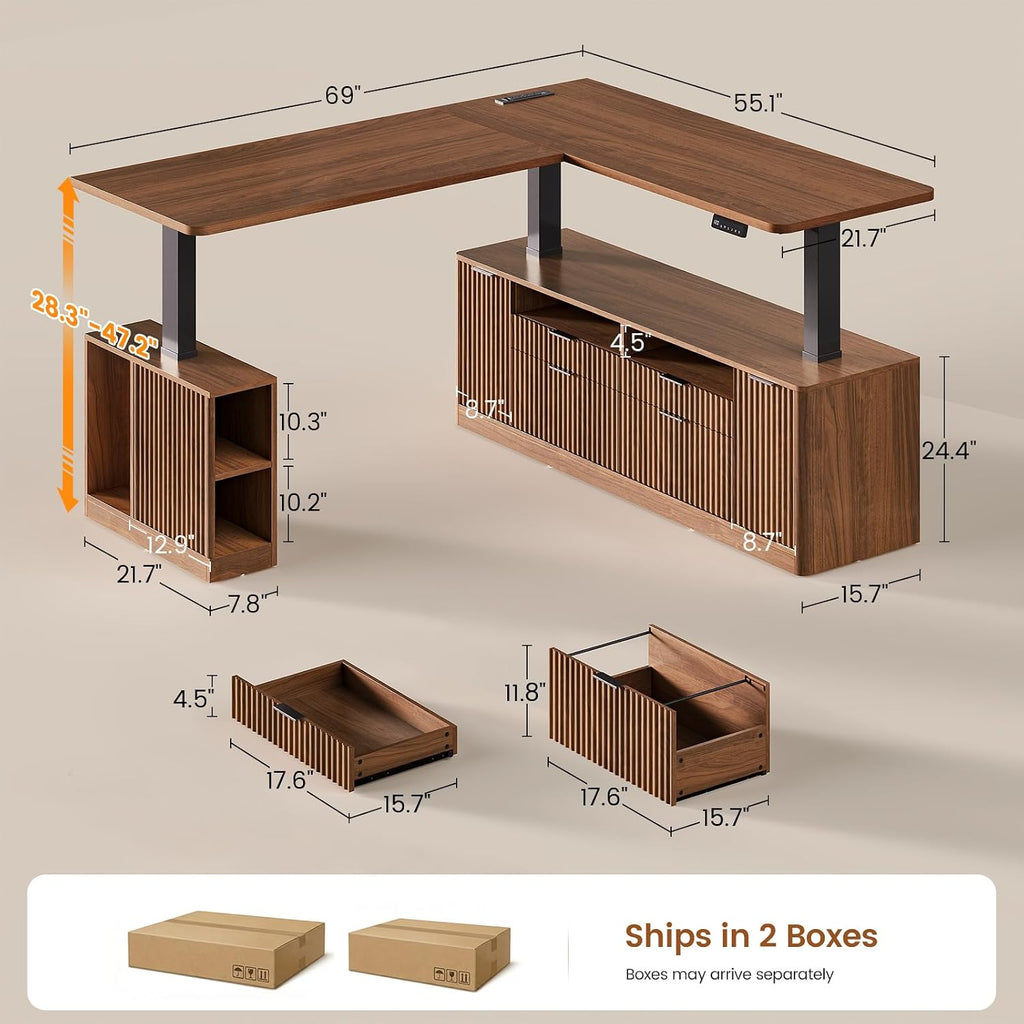 Fluted L Shaped Executive Electric Standing Desk with 4 Drawers | 69" x 55" Height Adjustable Office Desk with