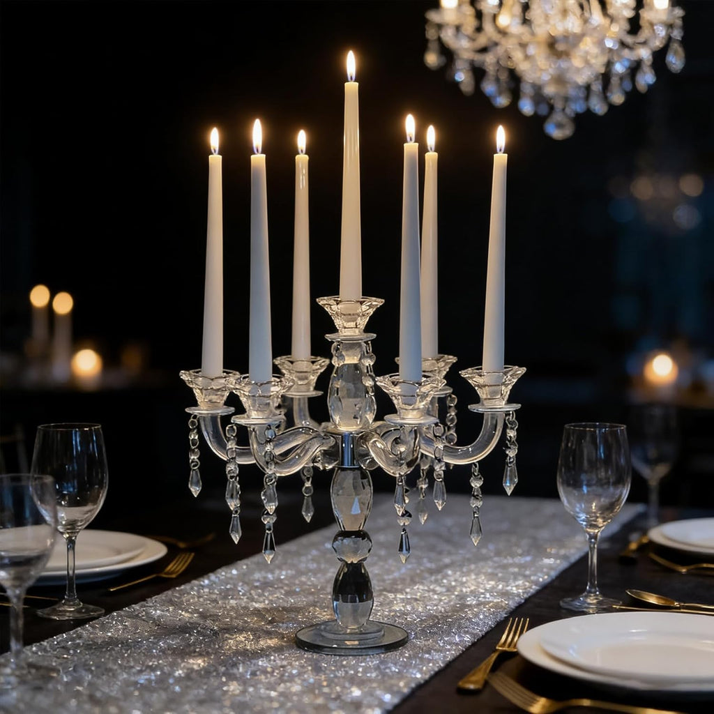 14inch Clear Crystal Candle Holder, Elegant 7-Arms Candlestick Holders Crystal Candelabra Decorative Pillar Candle