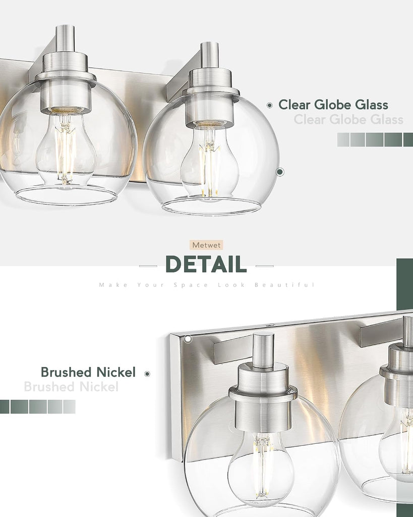 Bathroom Light Fixtures, 3-Light Brushed Nickel Vanity Light, Modern Wall Sconces with Globe Clear Glass Shade