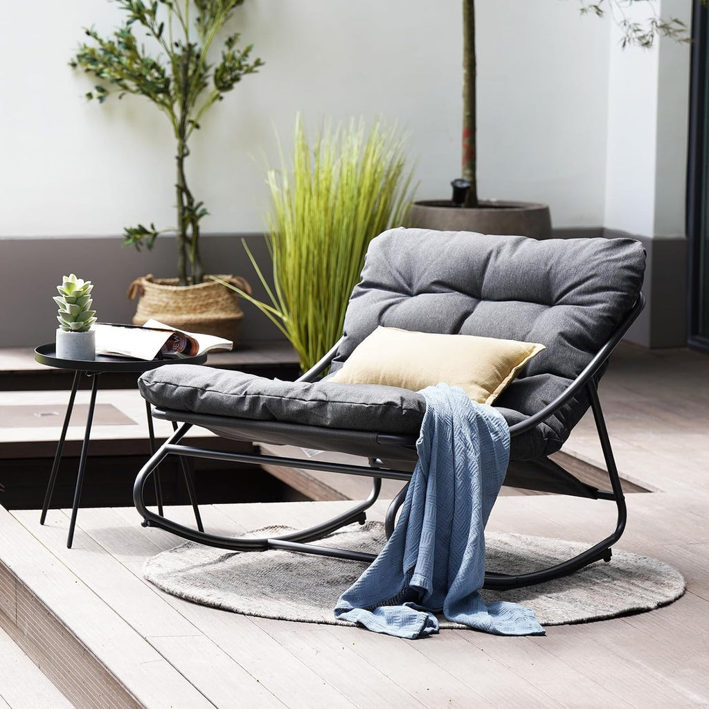 Rocking Chair with Cushion for Indoor and Outdoor, Dark Grey | Metal Patio Lounge Rocking Chair with Thick Cushion