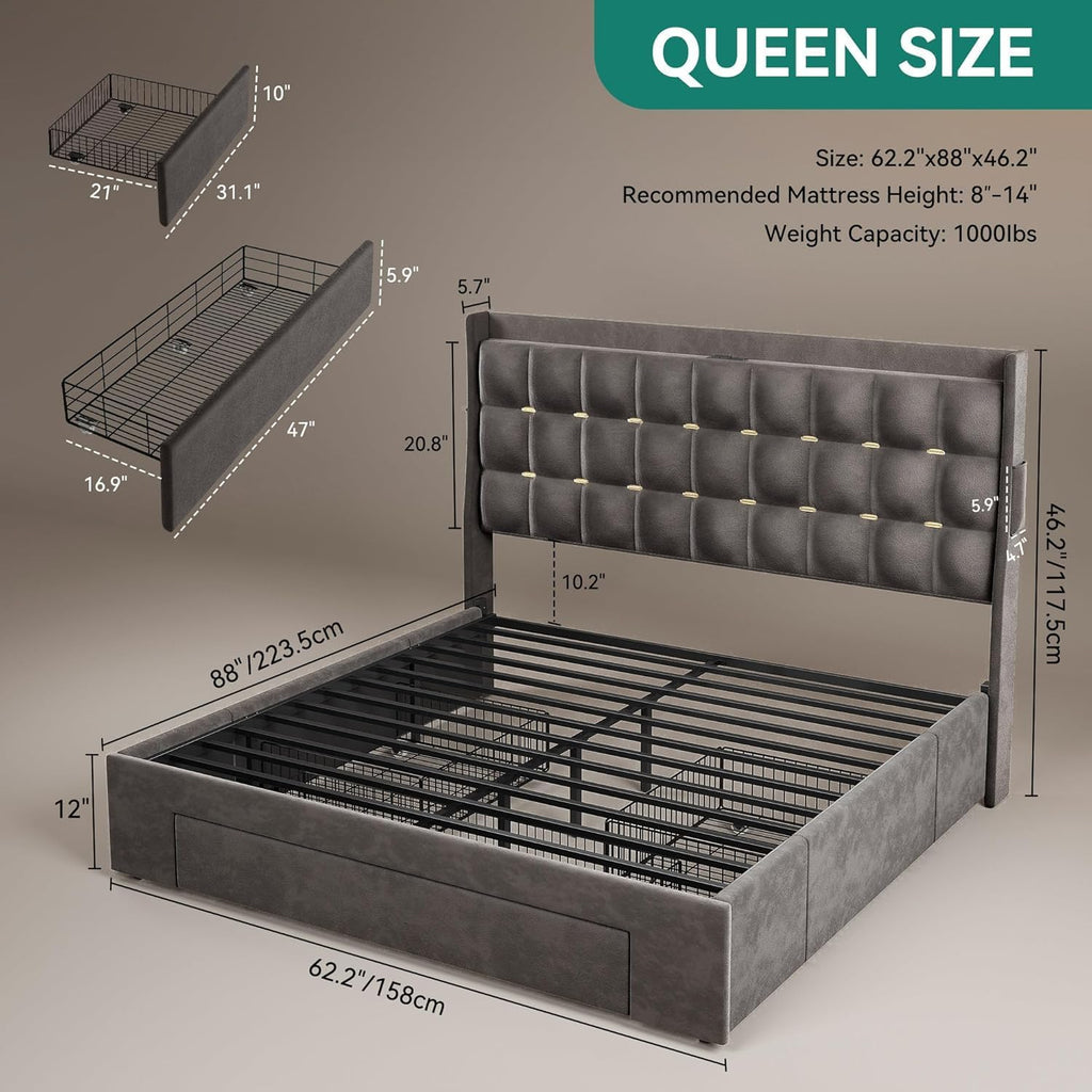 Queen Bed Frame with 3 Storage Drawers and RGB LED Lights