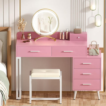 Pink Vanity Desk with Mirror and Lights, Modern Makeup Vanity Table Set with 6 Storage Drawers and Cushioned Stool