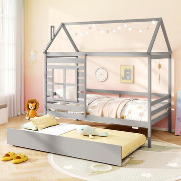 Tw Bed with Trundle Bed, Wooden Twin Bed Frames with Roof, Chimney & Window, Montessori House Bed with Safety