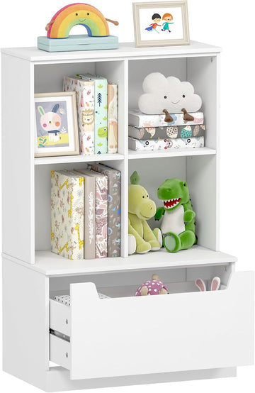 Kids Bookshelf and Toy Storage Organizer, Toddler Bookcase with Cubby | Adjustable Wood Shelf, Full-Width Drawer