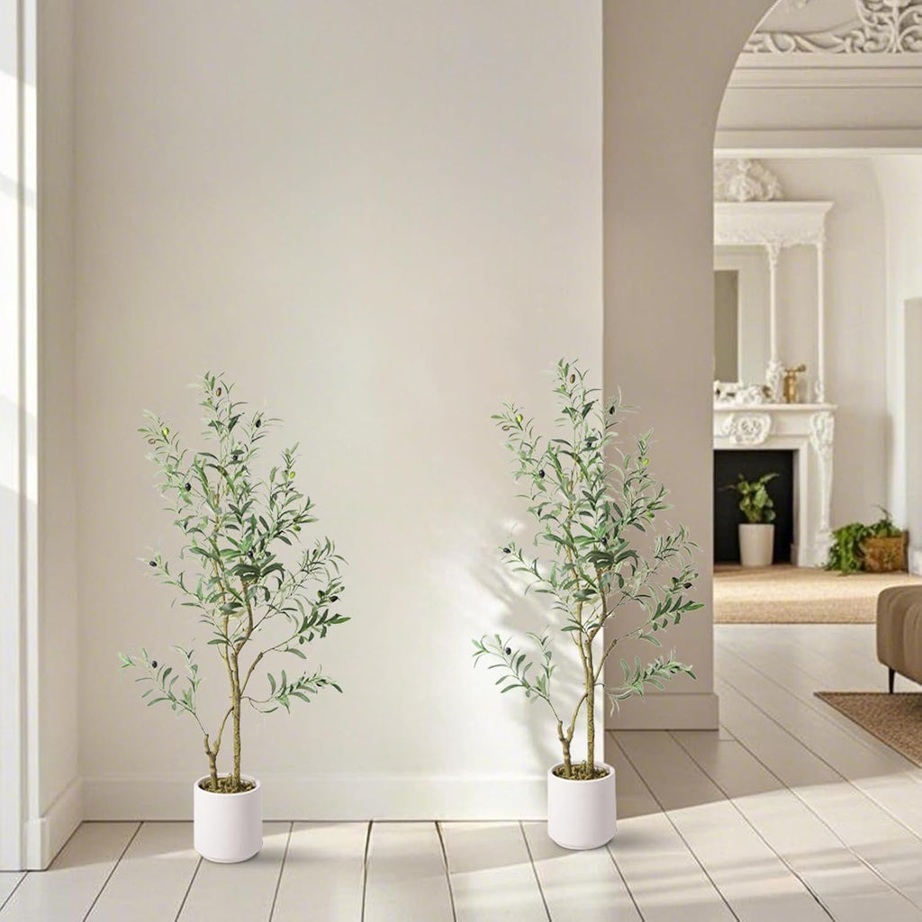 Fake Olive Tree 4FT Tall 2Pack with White Planter Decor