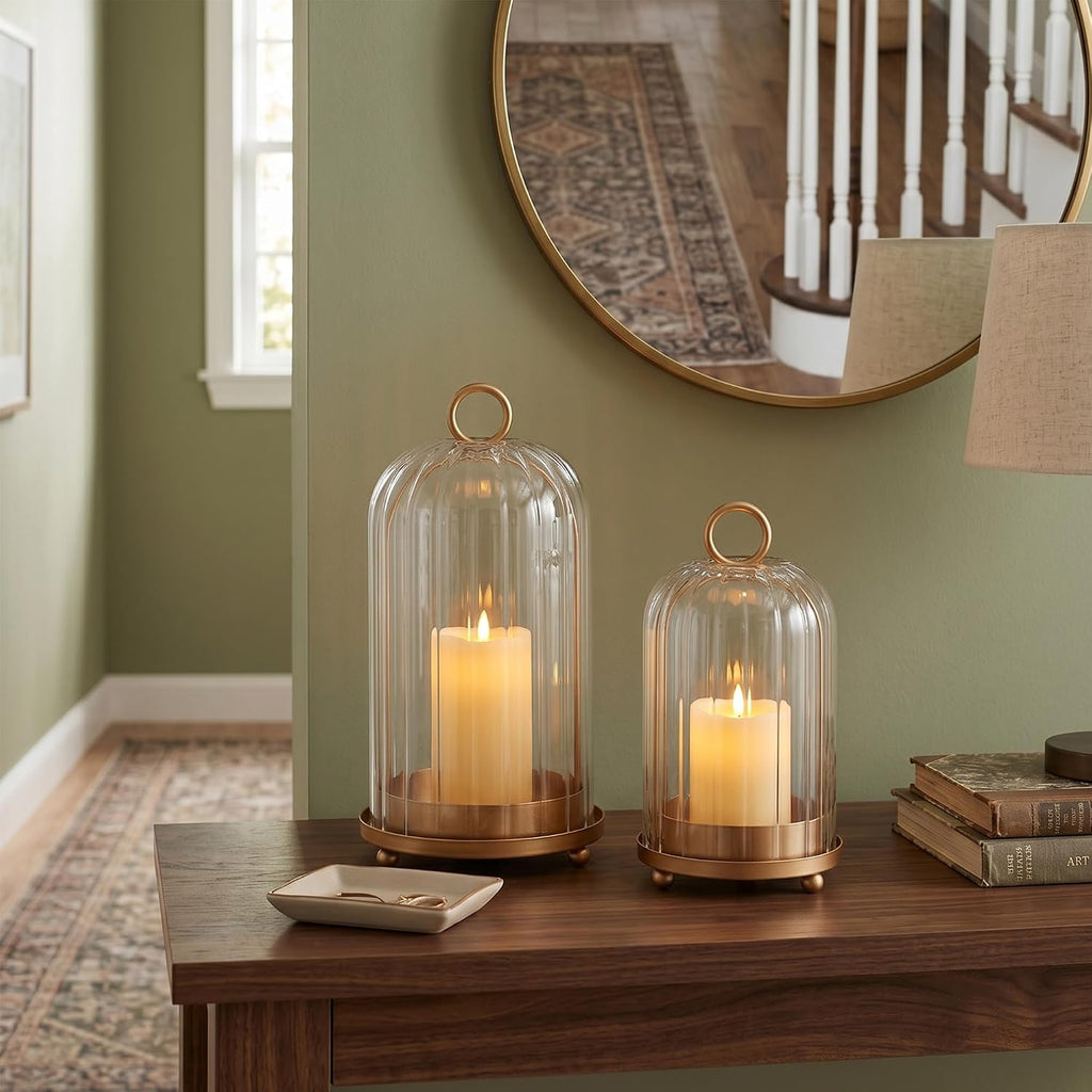 Vintage Brass Metal Candle Lantern with Ribbed Thick Glass Dome - Set of 2 Shabby Chic Style Candle Holders
