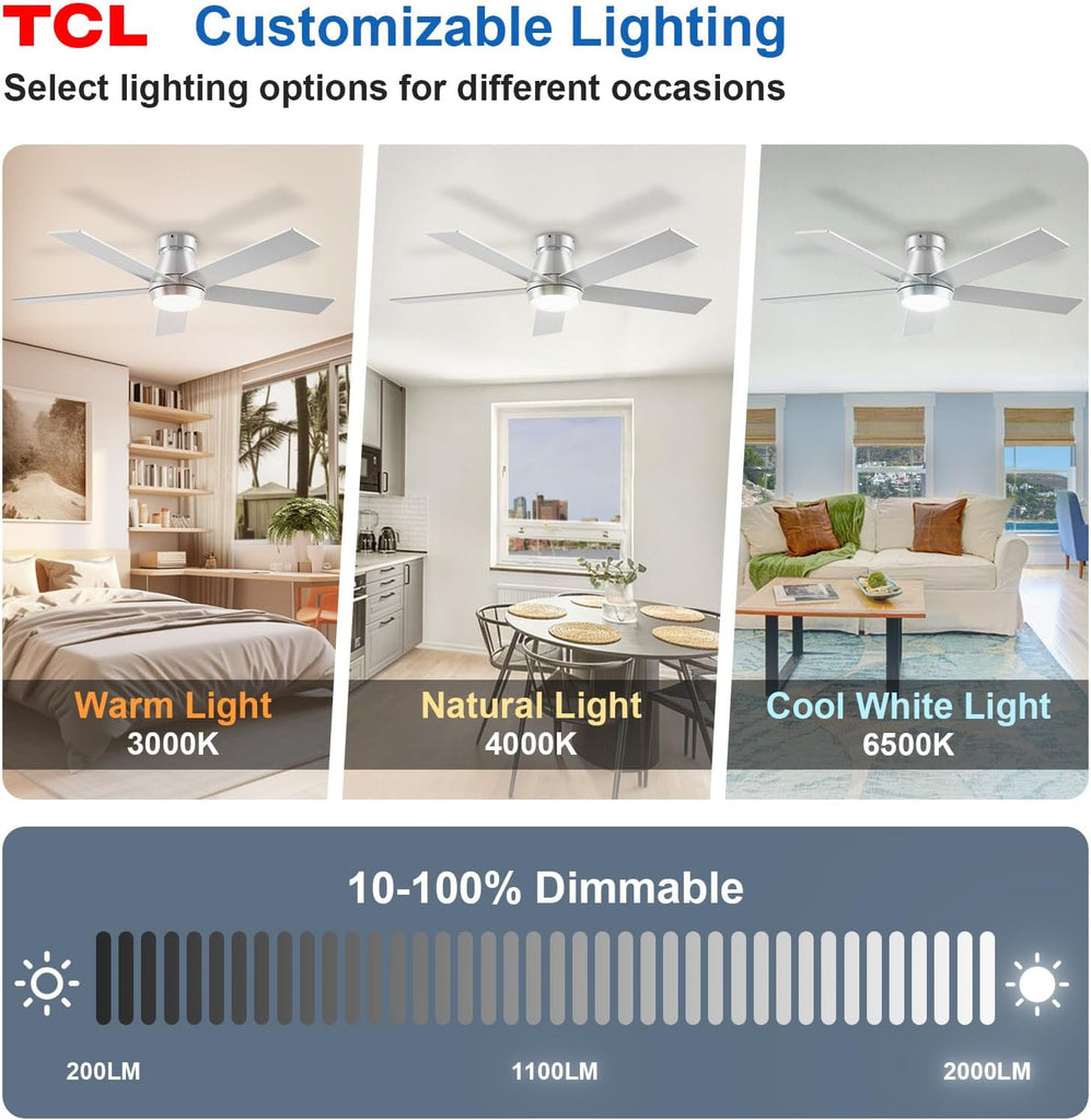52" Ceiling Fan with Lights, Silver Flush Mount, 5 Blade Low Profile, 6 Speeds DC Reversible, Dimmable, Modern for Bedroom, Living Room and Garage