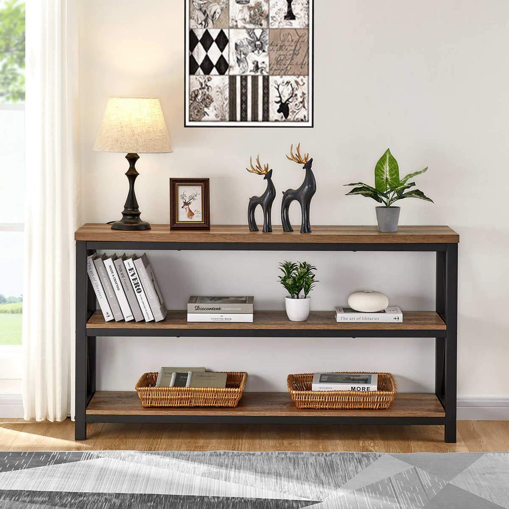 55" Console Table, 3 Tier Farmhouse Narrow Sofa Table, Rustic Oak